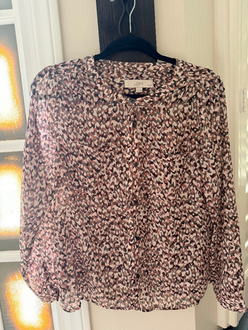 LOFT Petite Floral Abstract Button Front Blouse | MP | Long Sleeve | Pink Brown